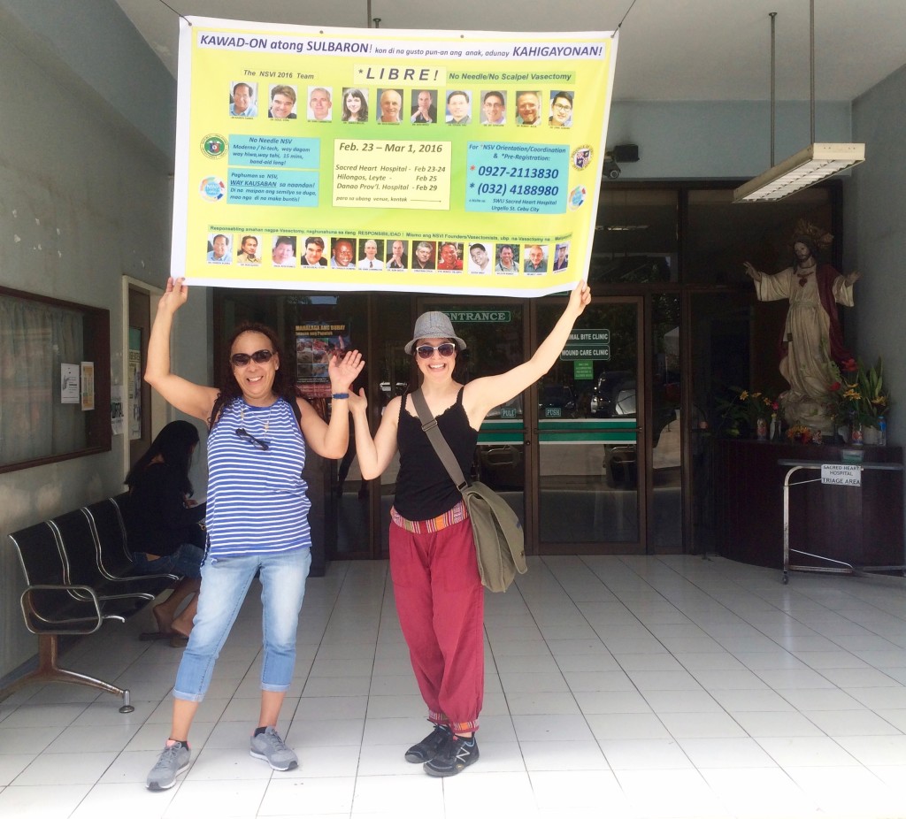 Liz and Sarah with NSVI banner at Sacred Heart Hospital in Cebu